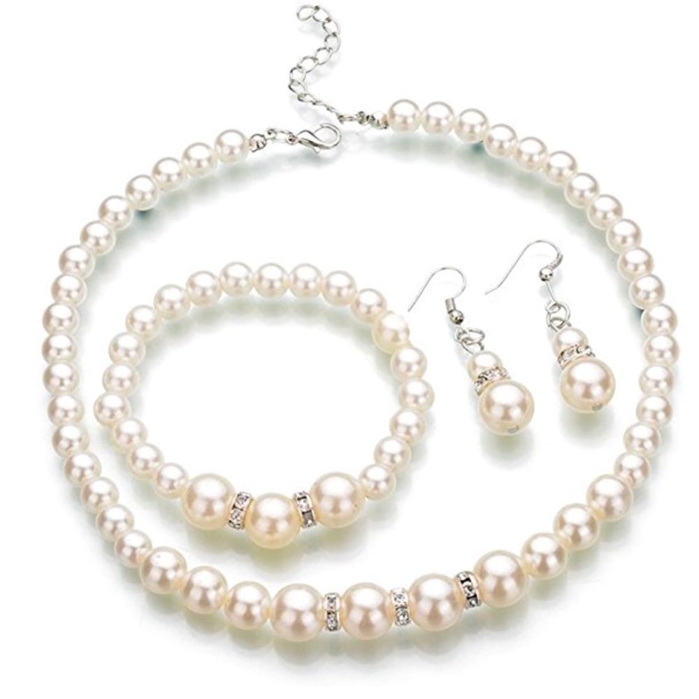 Faux Pearl Crystal Choker Necklace 3 set